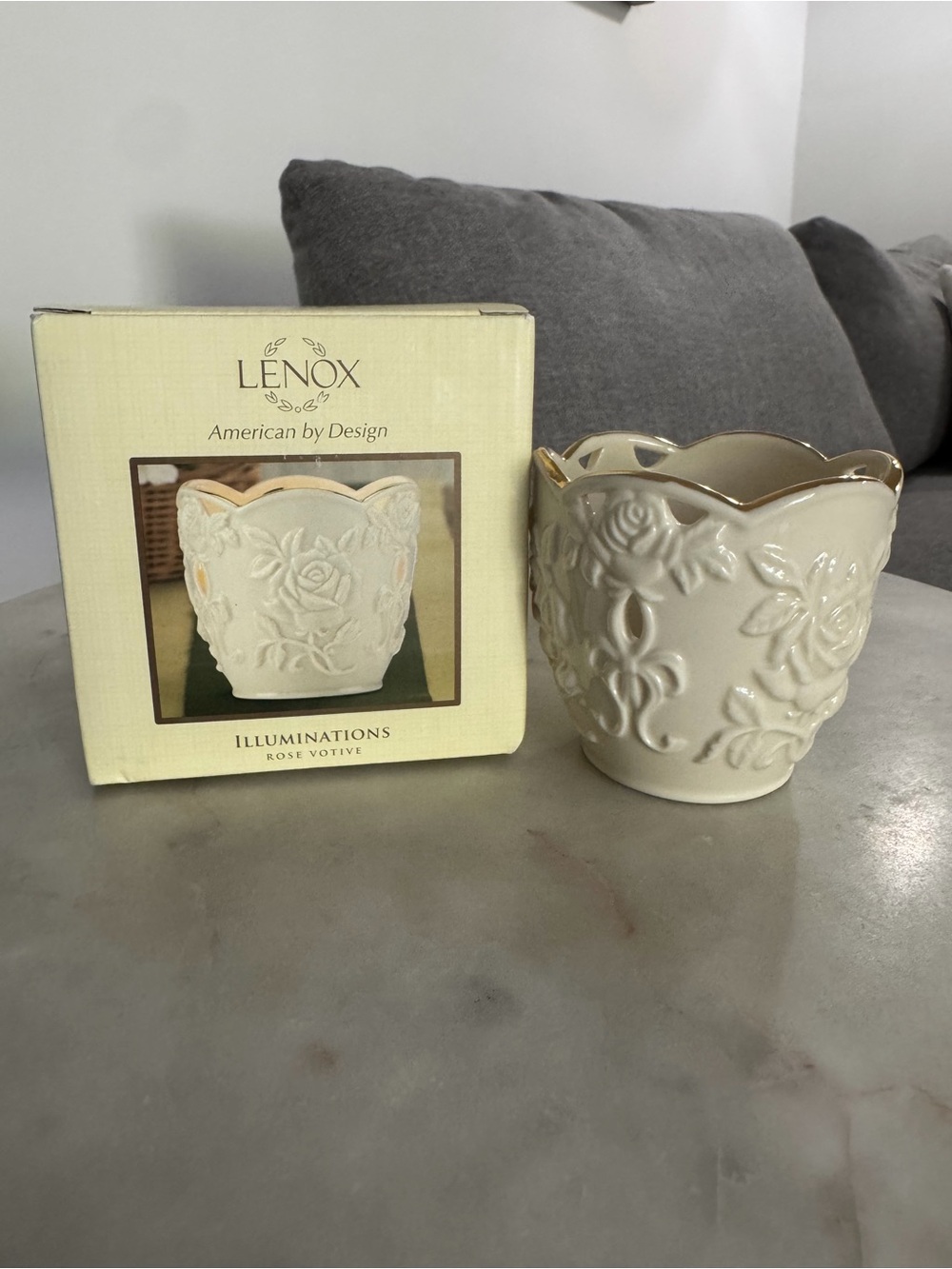 Lenox Cream Rose-Embossed Votive with Gold Rim